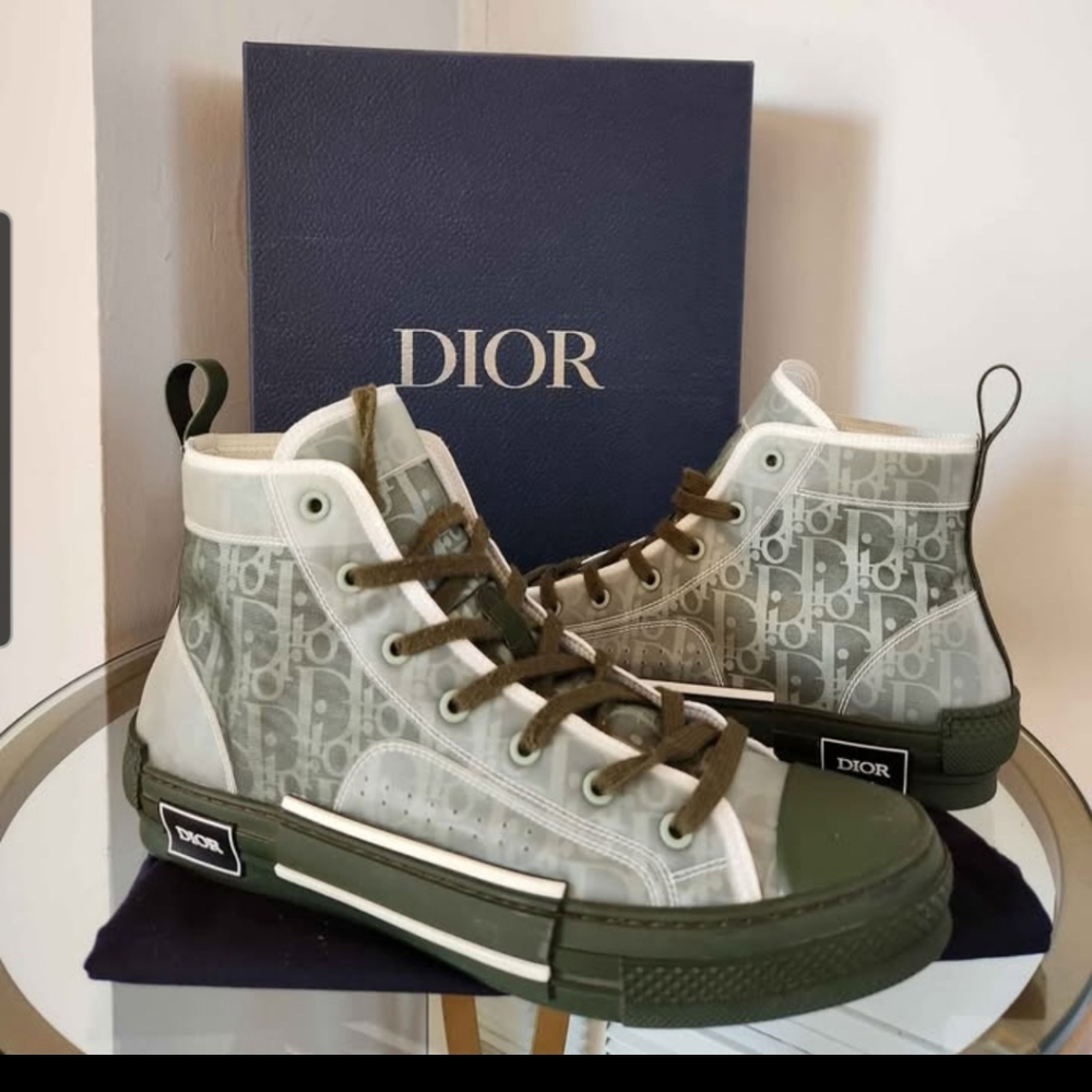 Dior Oblique Canvas Men's High-Top Sneakers in Green and White/ 44